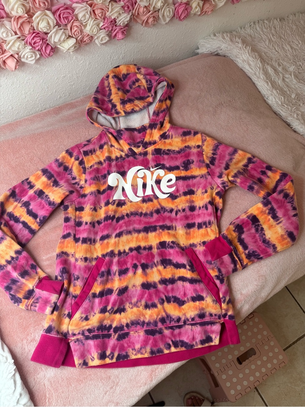 Nike Kids Pink and Orange Tie-Dye Hooded Sweatshirt
